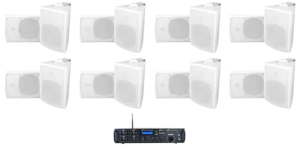 Rockville Rock Zone 8 Ch. Multi Room Home Receiver+16) White 5.25" Wall Speakers