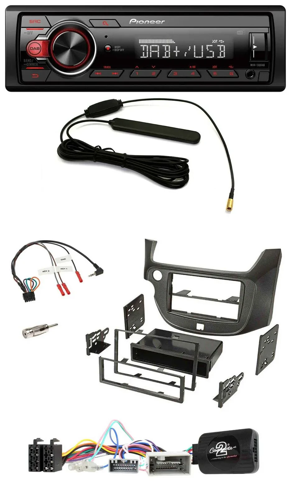 Pioneer MP3 DAB 1DIN Lenkrad USB Autoradio für Honda Jazz ab 2014 dunkelgrau