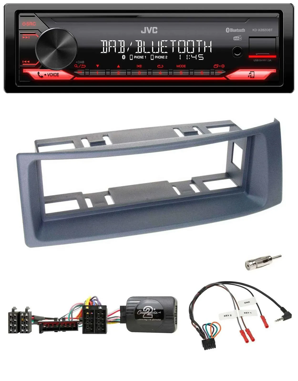 Автомагнитола JVC Bluetooth, USB, DAB, совместимая с управлением на руле, для Renault Scenic/Megane (1996–2000), серый