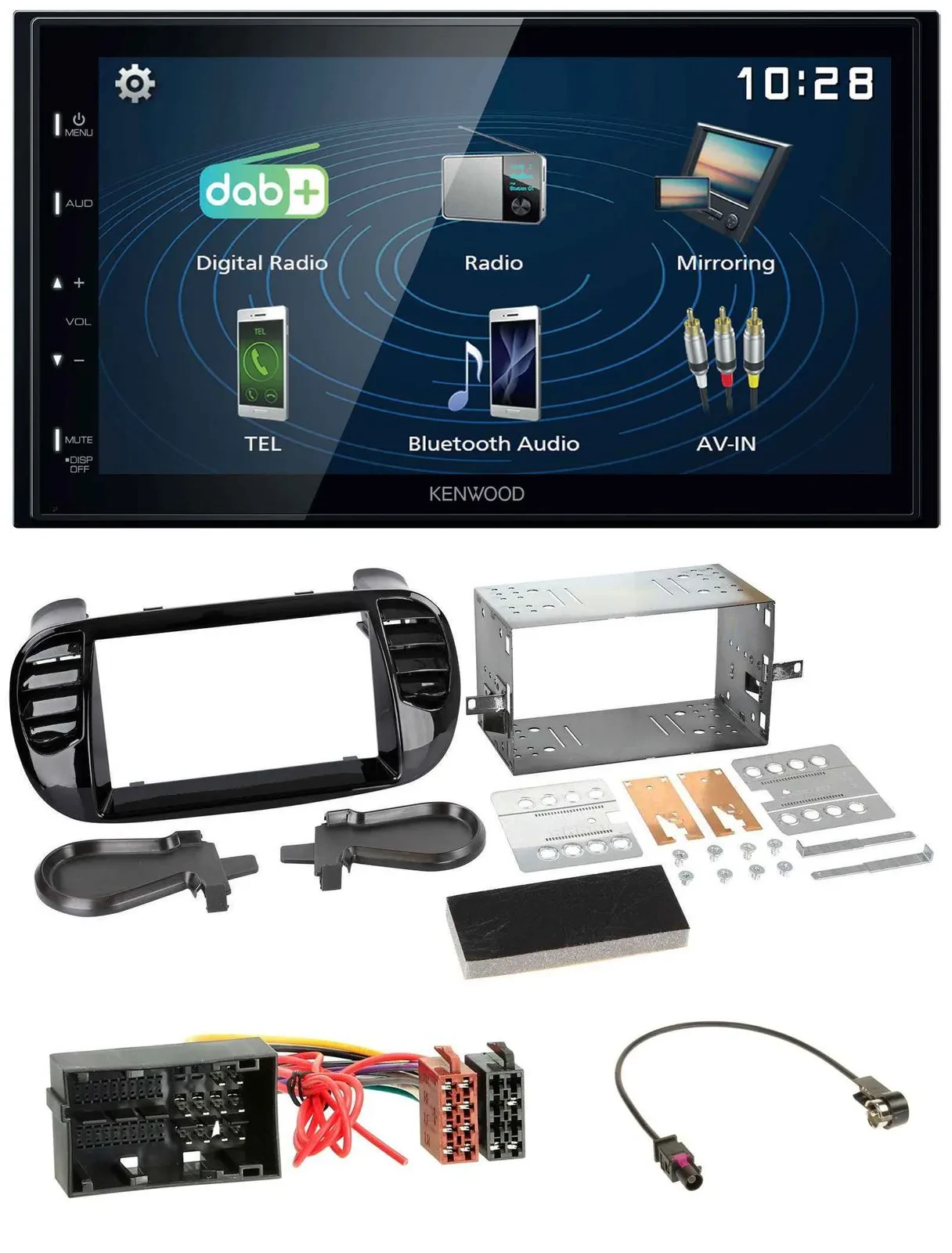 Автомагнитола для Fiat 500 Kenwood 2-DIN Bluetooth, USB, DAB, MP3, черная