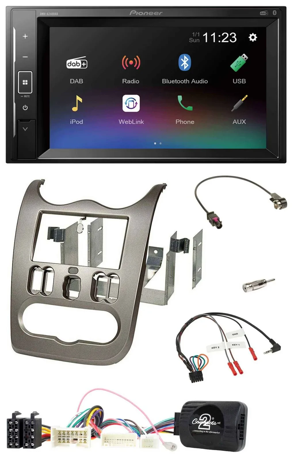 Автомагнитола для Dacia Pioneer 2-DIN, DAB, Bluetooth, USB, темно-серебристая, поддержка кнопок на руле