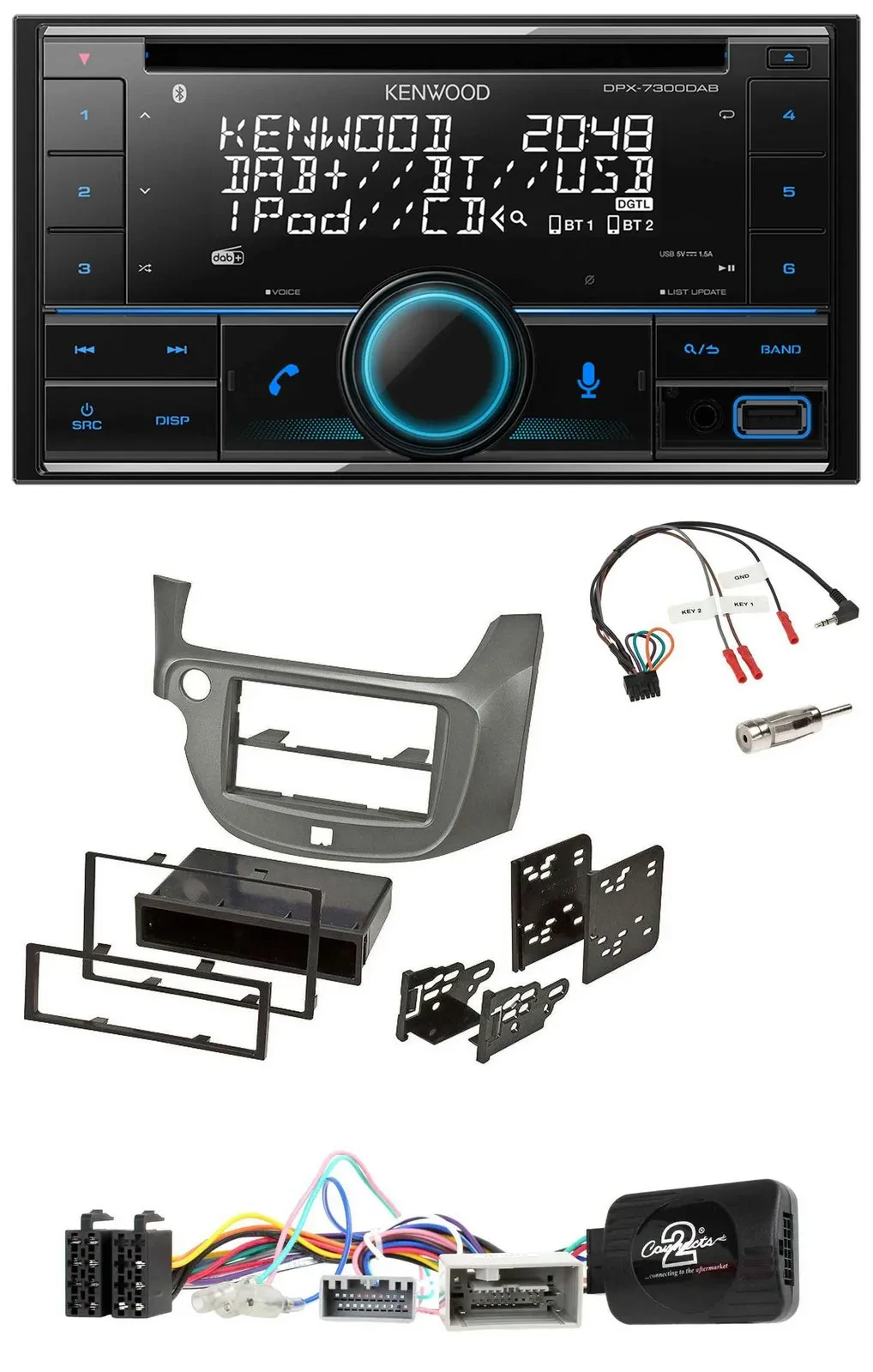 Автомагнитола для Honda Jazz (с 2014) Kenwood CD 2DIN, DAB, USB, Bluetooth, серебристая