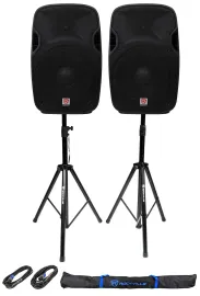 2 Rockville SPGN158 15" Passive 1600W ABS Plastic PA Speakers+Stands+Cables+Bags