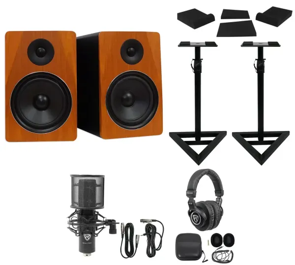 (2) Rockville APM8C 8" Powered USB Studio Monitors+Stands+Pads+Mic+Headphones