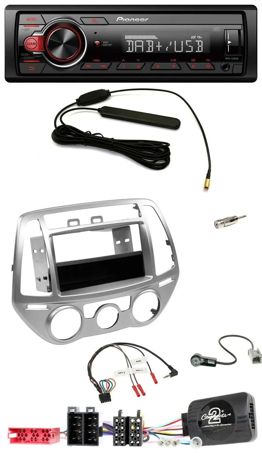 Автомагнитола Pioneer 1DIN DAB MP3 USB для Hyundai i20 (2012–2014), серебристая, поддержка управления с руля