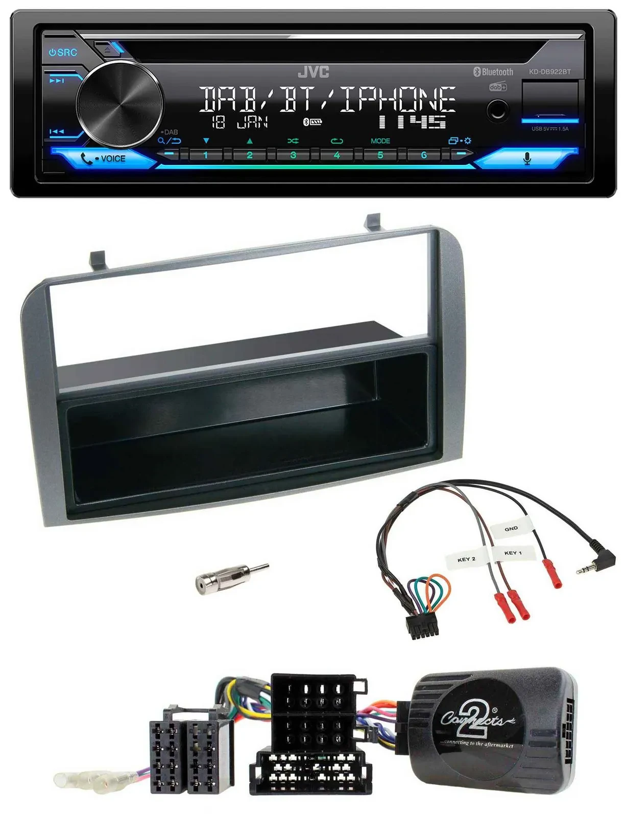 JVC Bluetooth Lenkrad USB DAB CD Autoradio für Alfa 147 GT 07-10 anthrazit Ablag