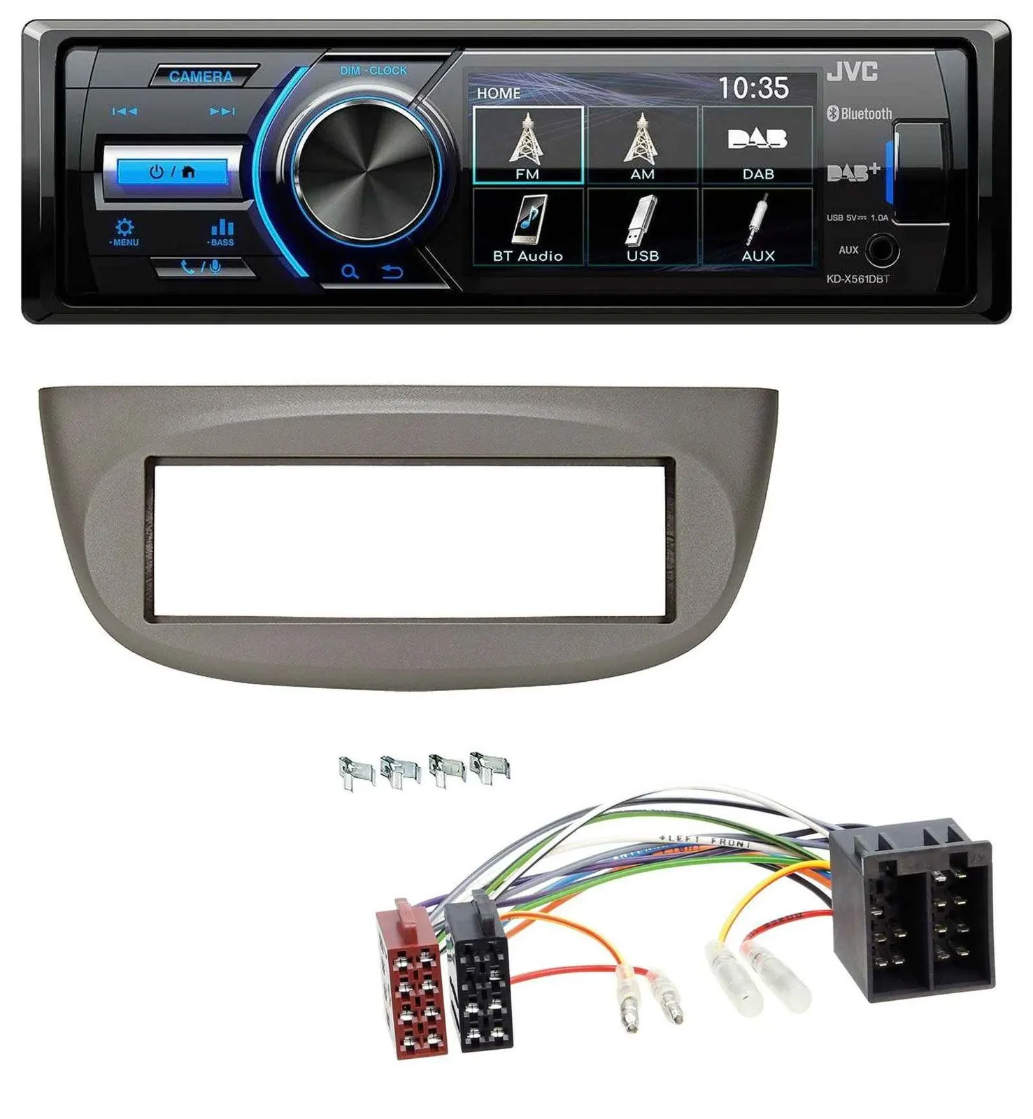 Автомагнитола JVC Bluetooth, MP3, USB, DAB для Renault Twingo 2007–2012, бежево-серая