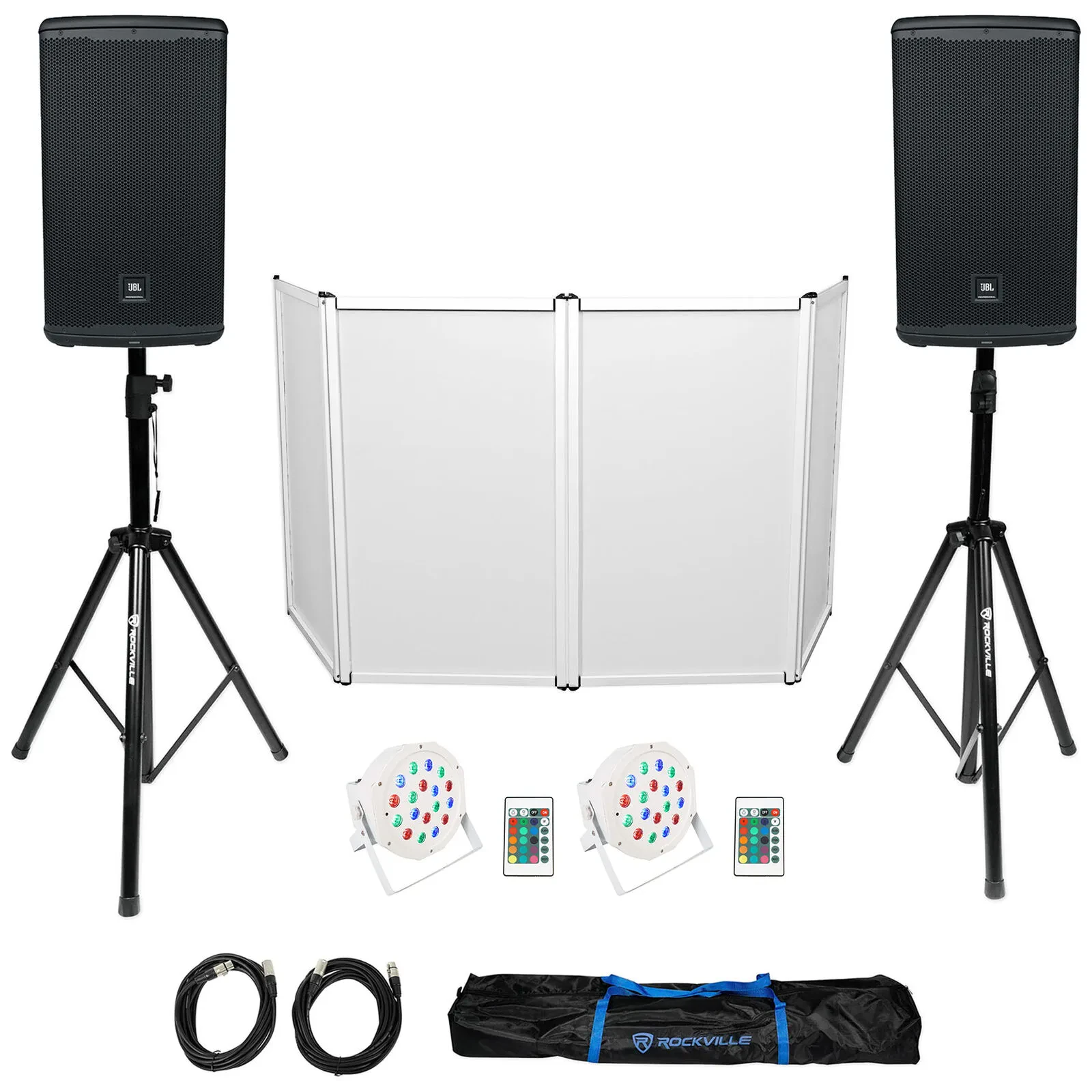 JBL DJ Package w/ (2) EON712 12" 1300w Powered Speakers+Facade+Stands+Up-Lights
