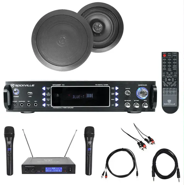 1000w Karaoke Bluetooth Amp/Mixer +(2) Black Ceiling Speakers+Wireless Mics