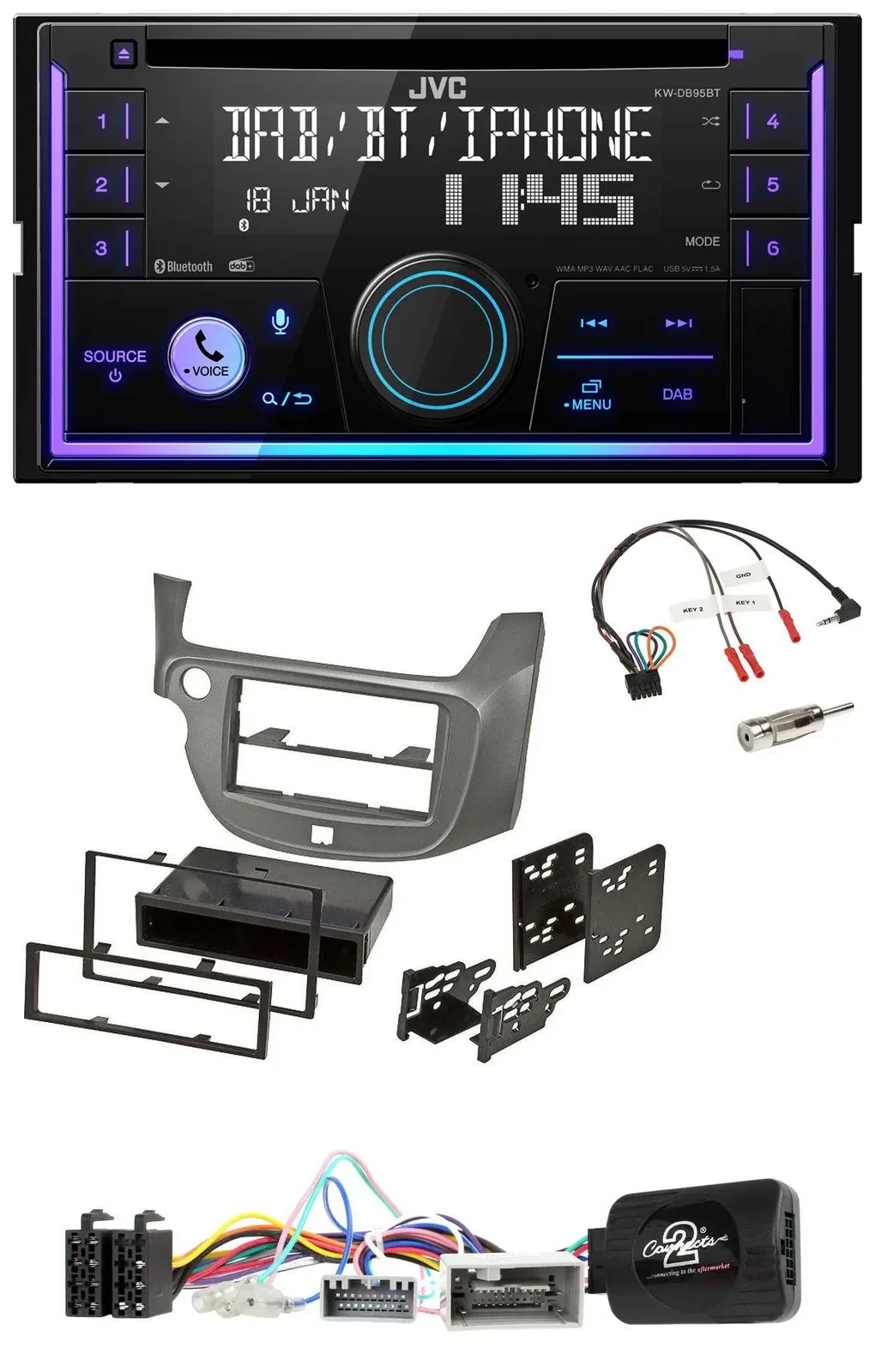 JVC Lenkrad USB 2DIN DAB Bluetooth CD Autoradio für Honda Jazz ab 2014 silber