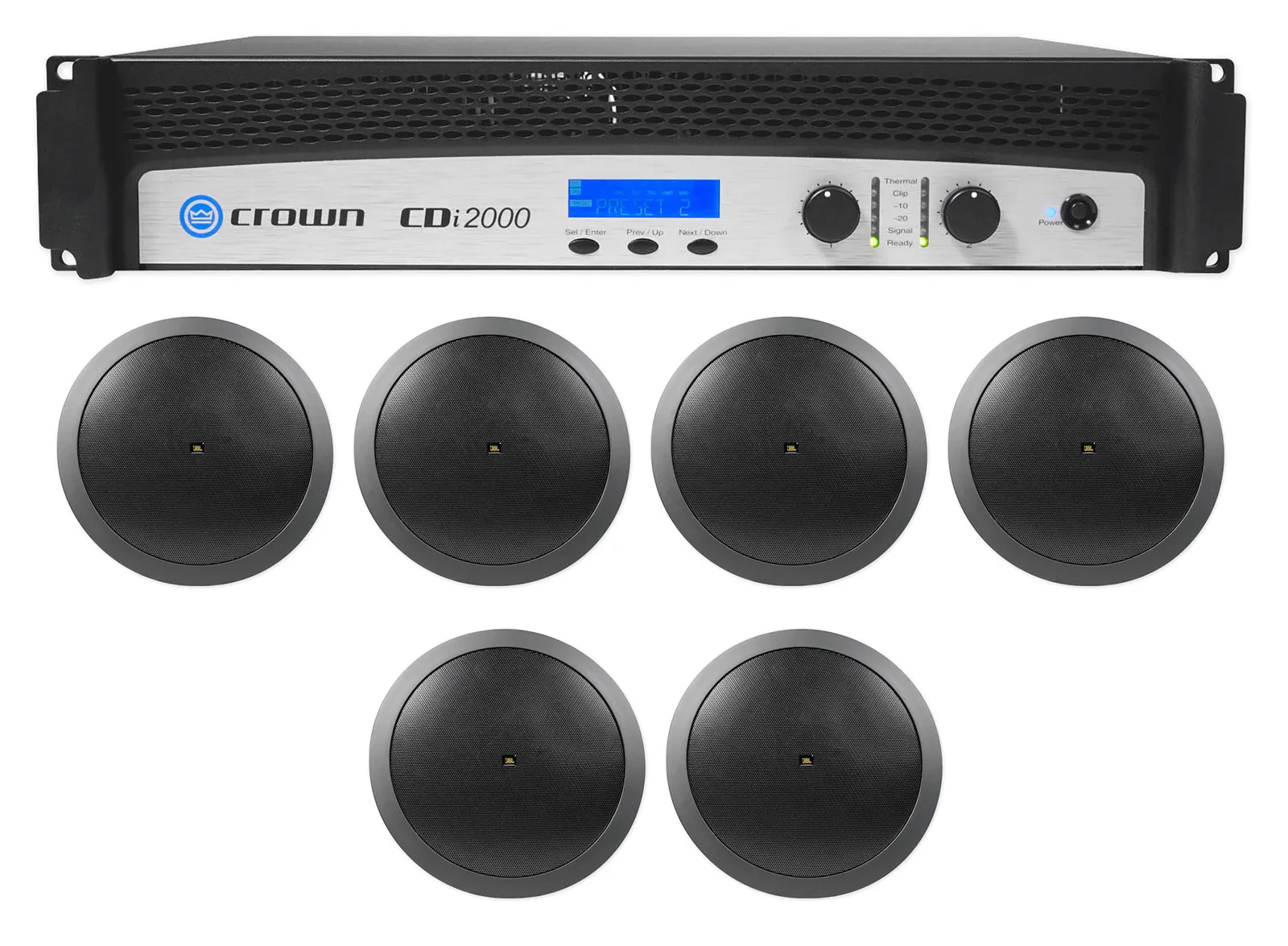 Crown CDi2000 800w 70V Commercial Amplifier+(6) Black 30w JBL Ceiling Speakers