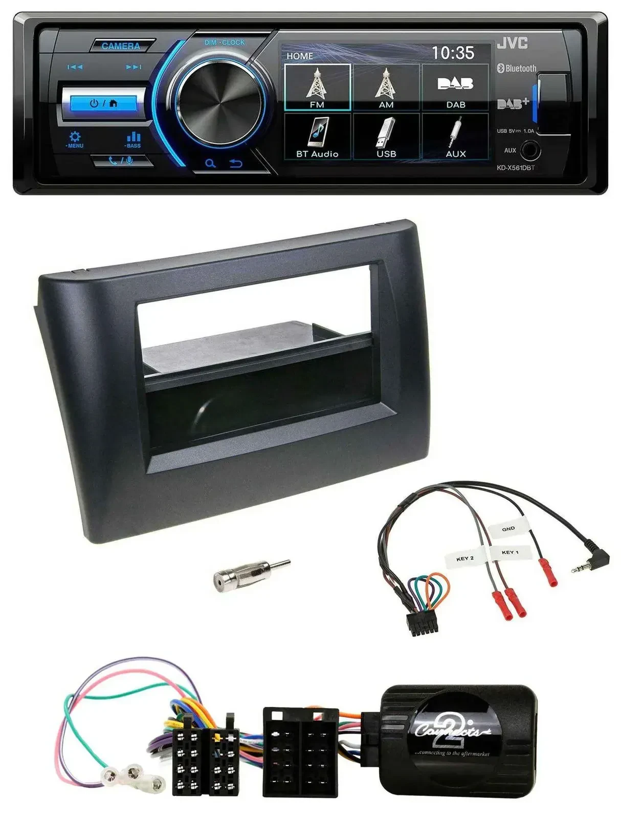 Автомагнитола JVC Bluetooth USB DAB для Fiat Stilo (2001–2007), черный, с поддержкой управления на руле, с монтажным карманом