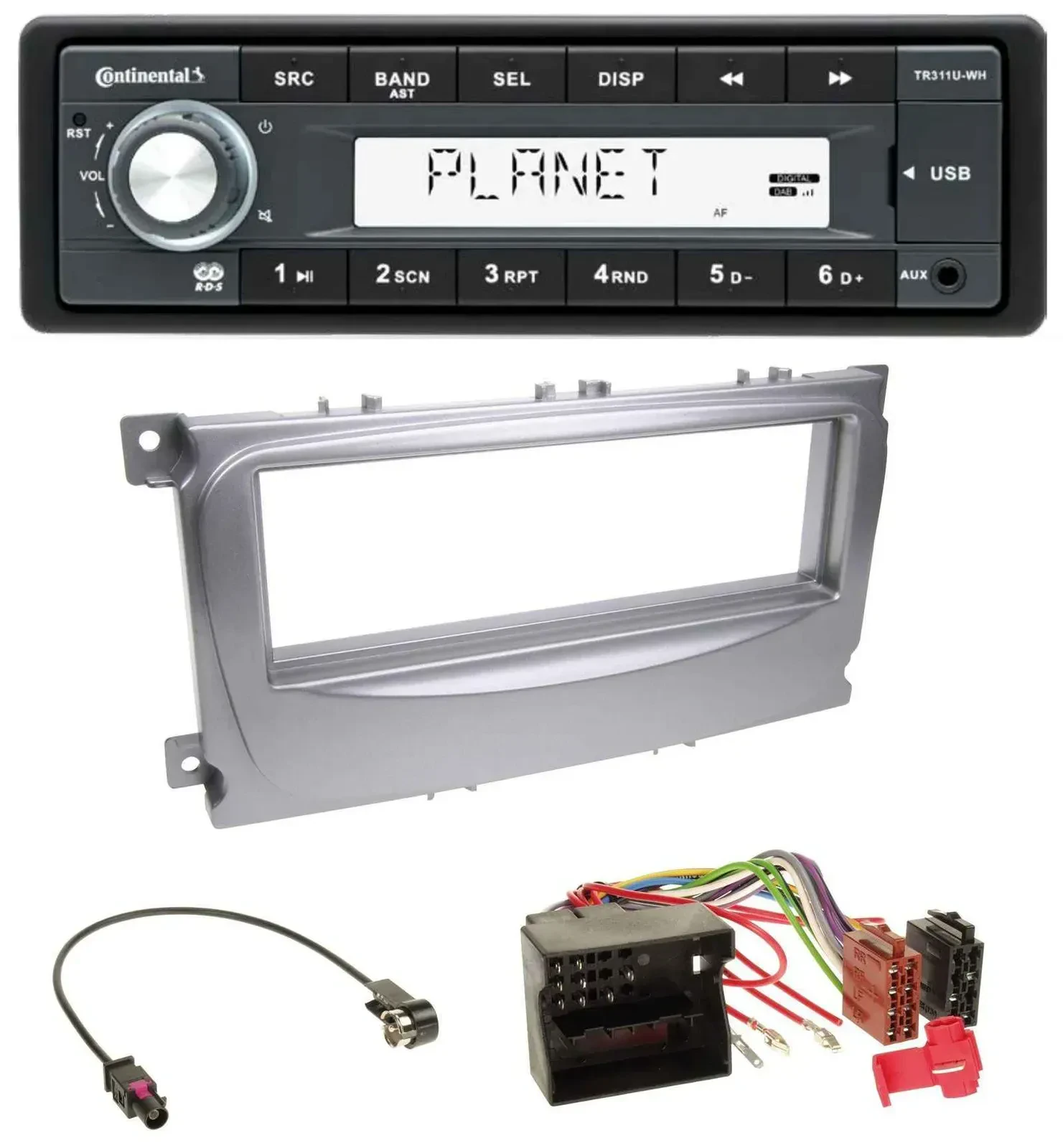 Автомагнитола для Ford Galaxy, C‑Max, Focus (с 2007) Continental 1 DIN USB MP3 AUX серебристая