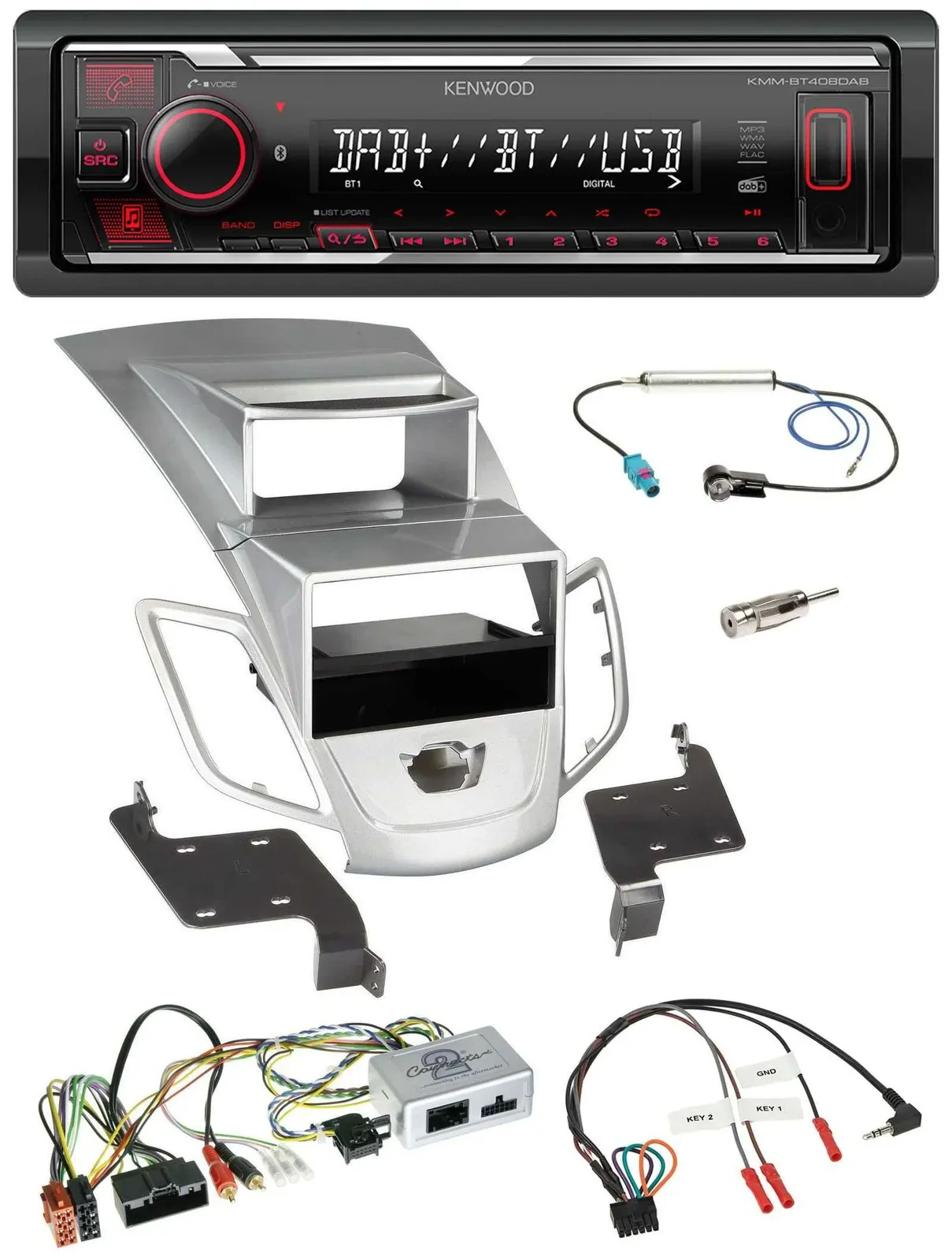 Kenwood Lenkrad Bluetooth USB DAB Autoradio für Ford Fiesta 2010-17 Display silb