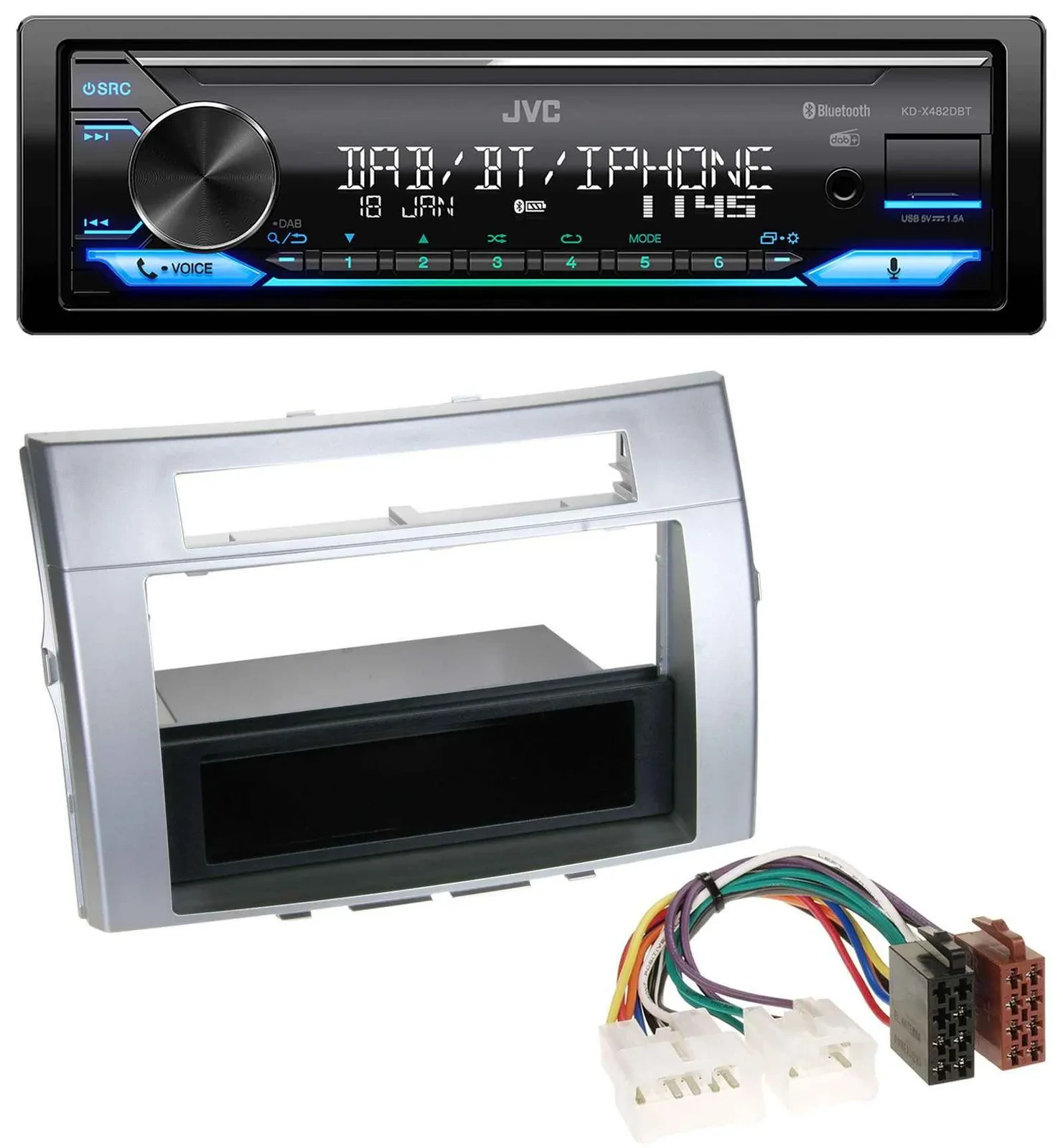 Автомагнитола JVC Bluetooth DAB USB MP3 для Toyota Corolla Verso 2004–2009, серебристый