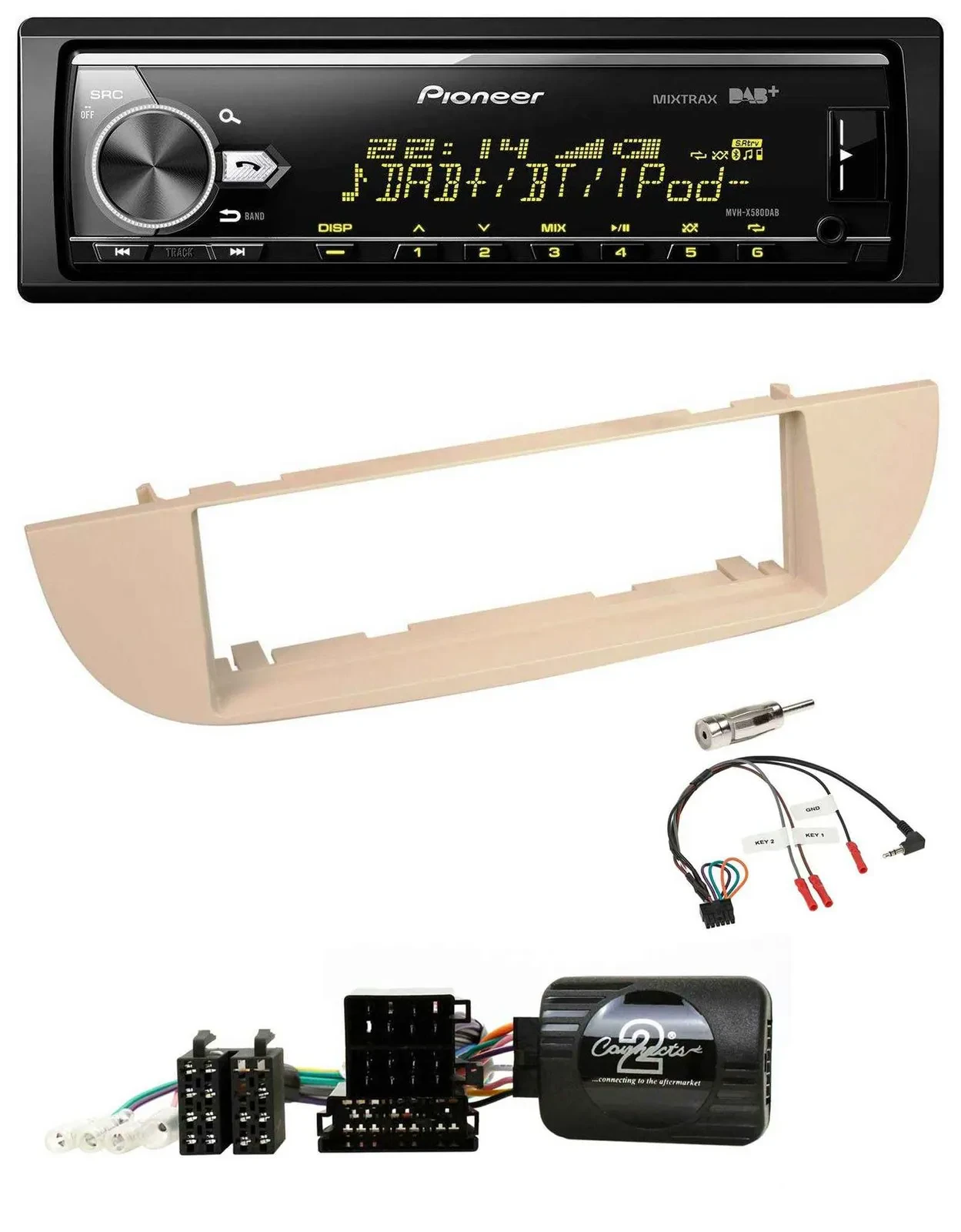 Pioneer Bluetooth USB DAB Lenkrad Autoradio für Fiat 500 ab 2007 perlgrau beige