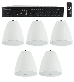 Rockville Commercial Amplifier+5) White Pendant Speakers For Restaurant/Bar/Cafe