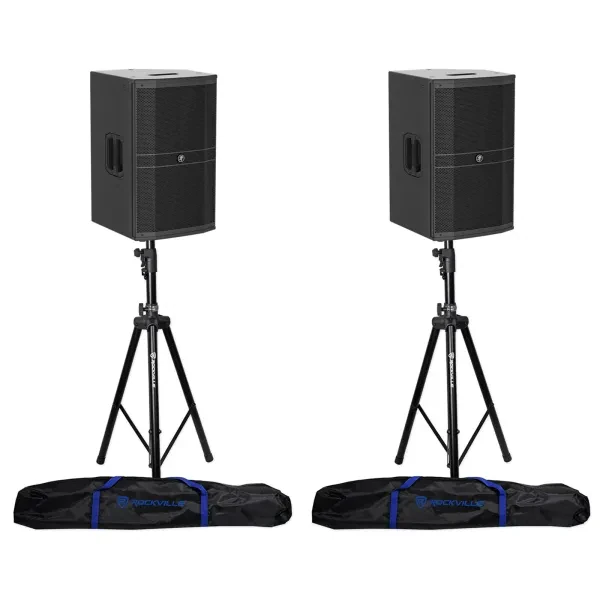 (2) Mackie DRM212-P 12" 1600 Watt DJ PA Professional Speakers+Hydraulic Stands