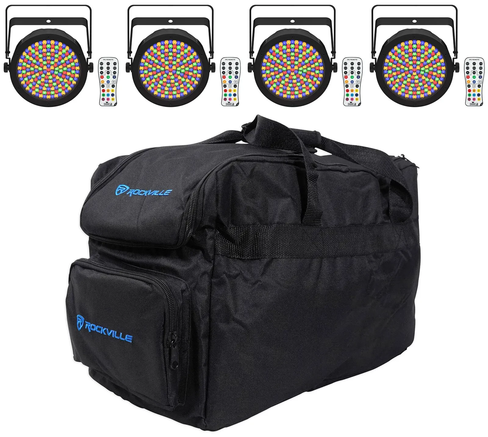 (4) Chauvet DJ EZPAR 64 RGBA ILS Rechargeable RGBA LED Par Wash Up-Lights+Bag