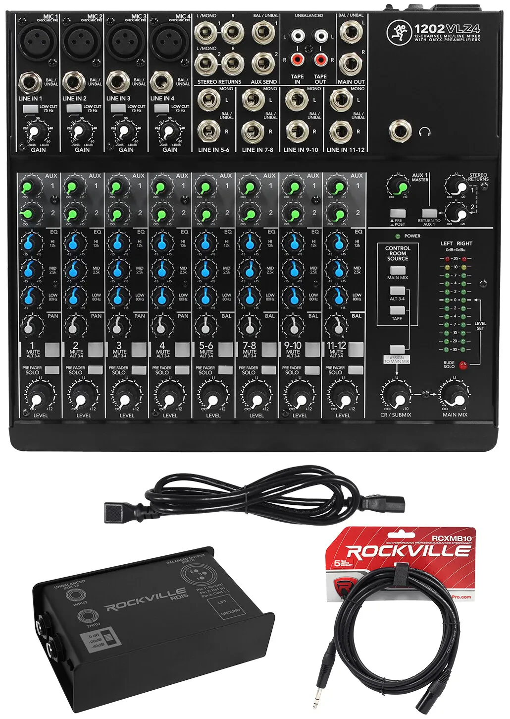 Mackie 1202VLZ4 12-channel Analog Low-Noise Mixer w/4 ONYX Preamps+DI Box+Cable
