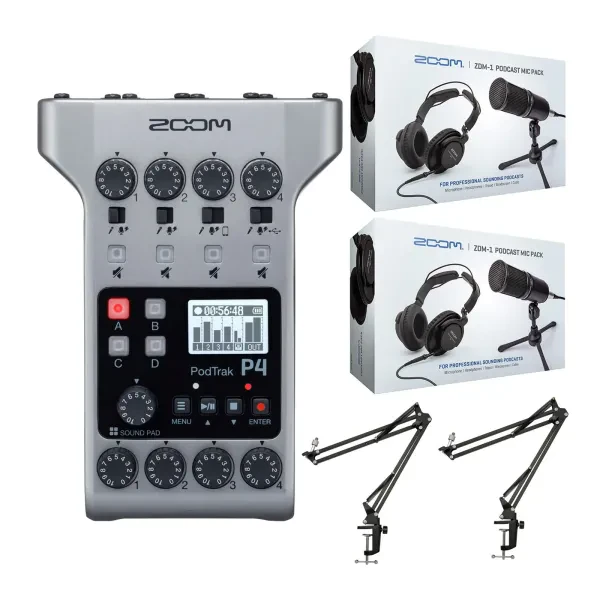 Zoom PodTrak P4 Recorder with Podcast Microphone Pack Accessory Bundle