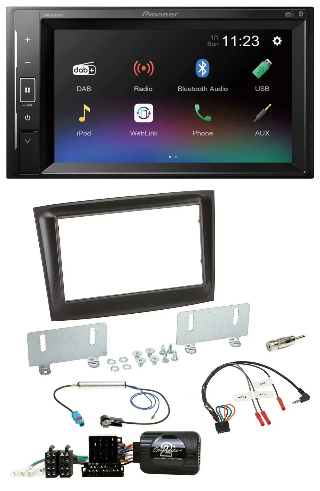 Автомагнитола для Fiat Doblo Pioneer 2DIN, DAB, Bluetooth, USB, ISO CAN-Bus, поддержка управления на руле