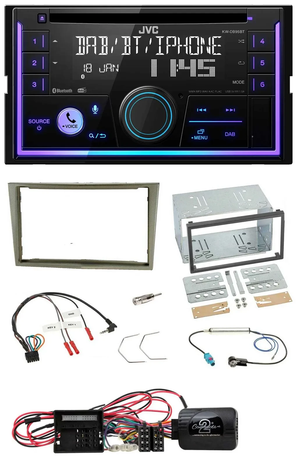 JVC Lenkrad USB 2DIN DAB Bluetooth CD Autoradio für Opel Corsa D satin-stone 09-