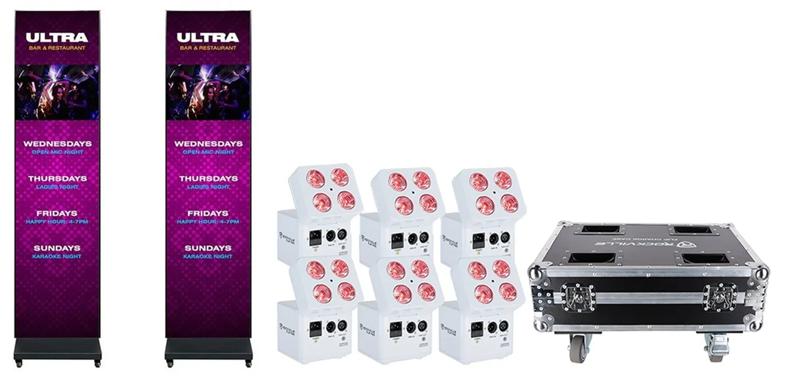 American DJ WMS2 Media Sys DC w/(4) WMS2 LED Panels+6) Wash Lights+Charging Case