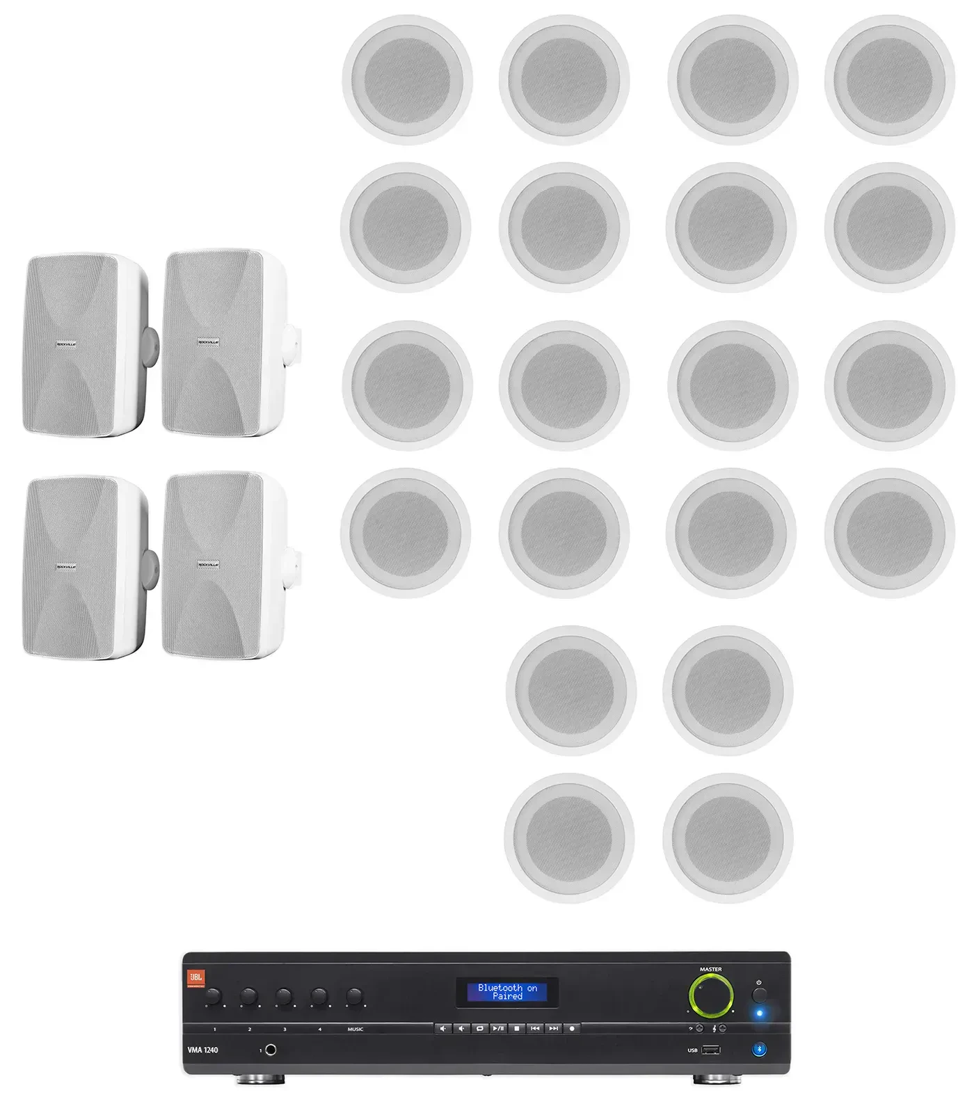 JBL VMA1240 Commercial/Restaurant Receiver+4) Wall+20) Ceiling Speakers in White
