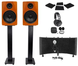 2) Rockville APM8C 8" 500w Studio Monitors+36" Stands+Pads+Headphones+Mic+Shield