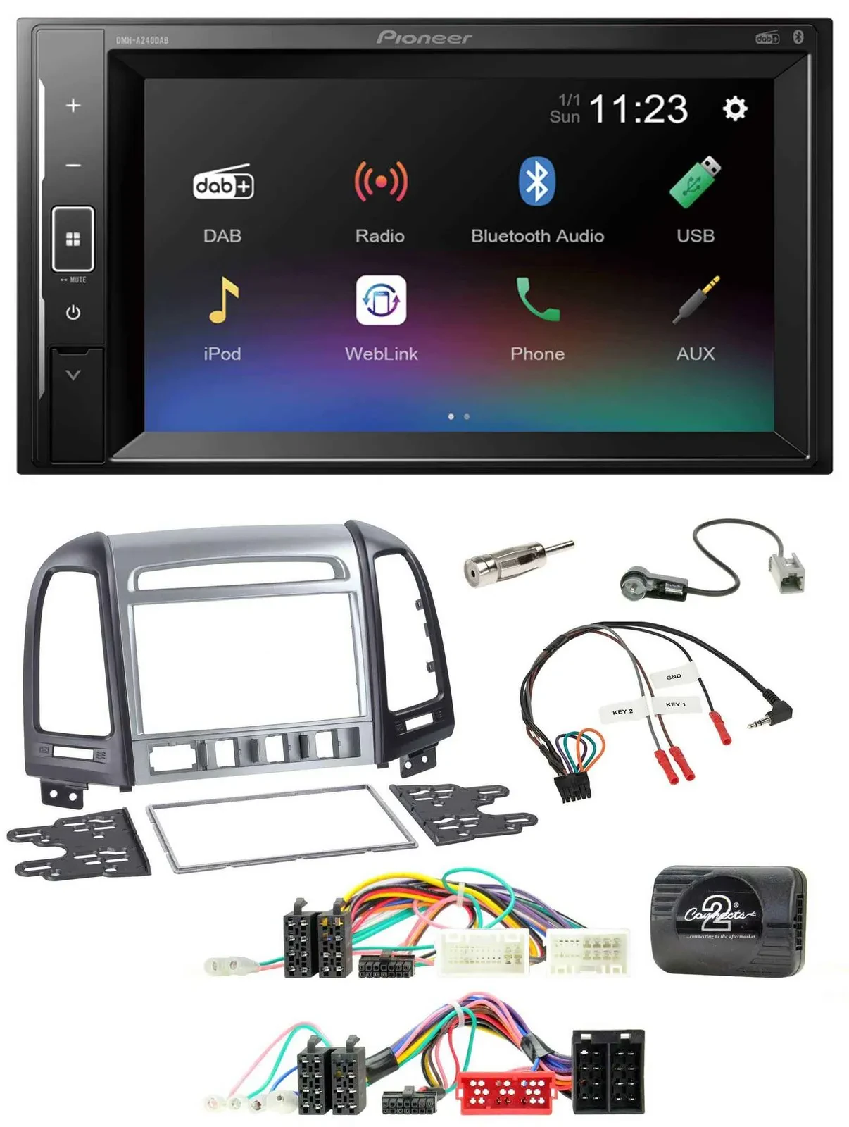 Автомагнитола для Hyundai Santa Fe (2010–2012) Pioneer 2DIN, DAB, Bluetooth, USB, поддержка управления на руле