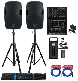 2) Rockville BPA12 12" Active 600w DJ PA Speakers+Mackie Mixer+Stands+Mic+Cables