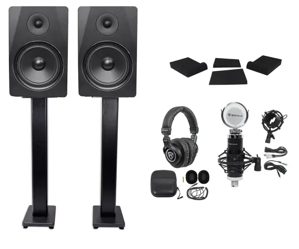 2) Rockville DPM8B 8" 600w Dual Active Studio Monitors+36" Stands+Headphones+Mic