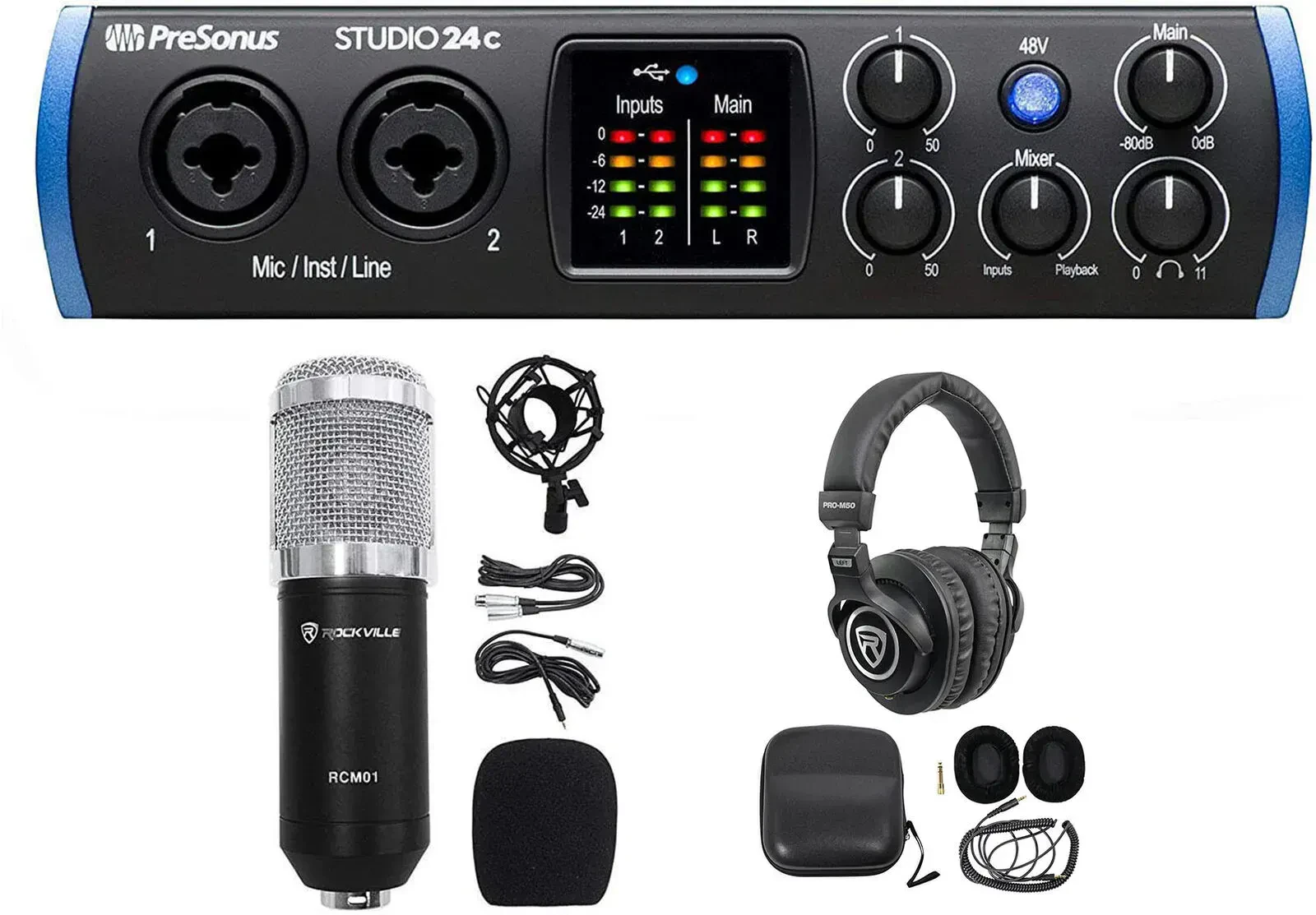 Аудиоинтерфейс PreSonus Studio 24c 2x2 USB-C, MIDI (набор) с микрофоном и наушниками