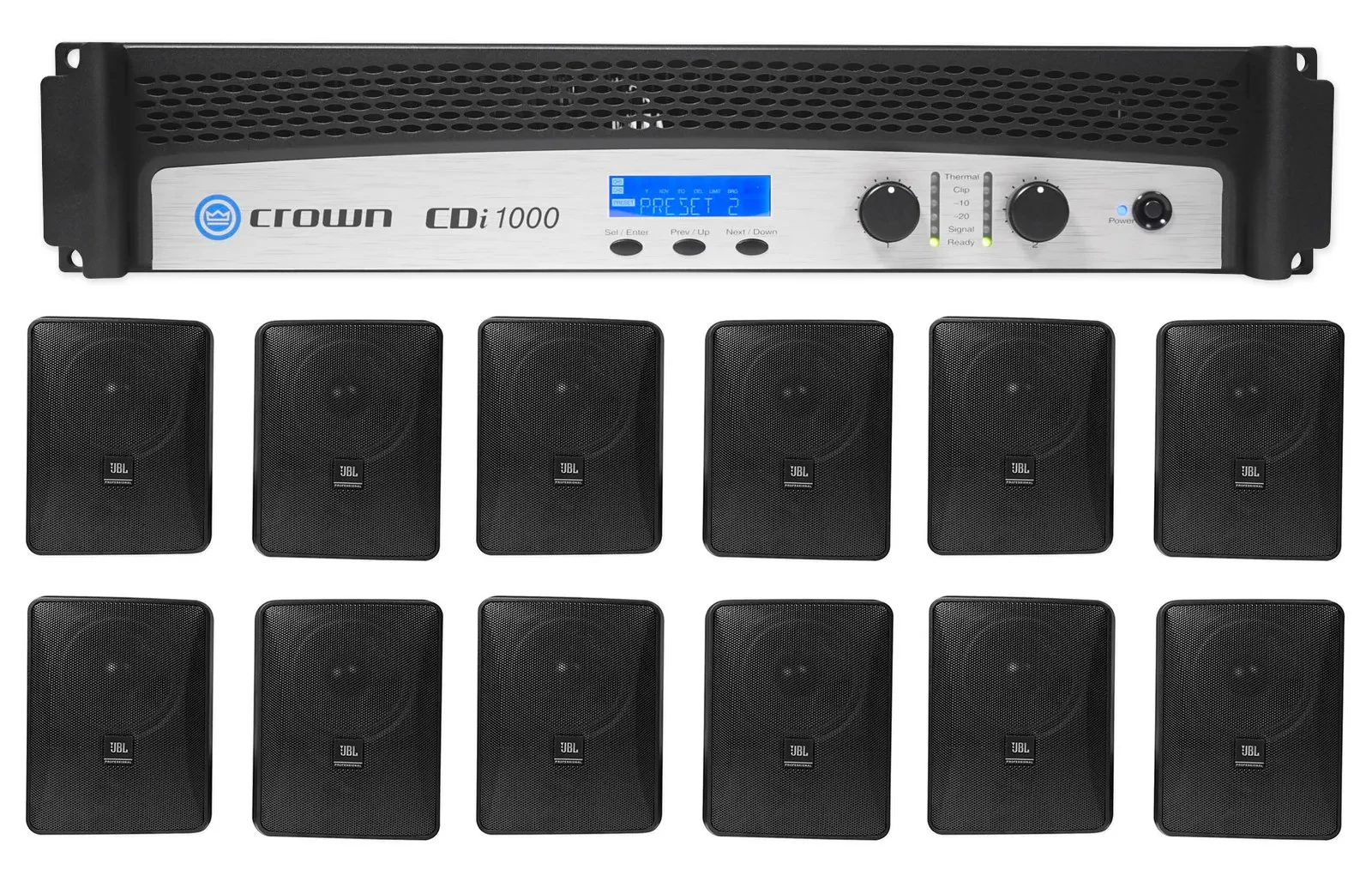 Crown CDi1000 2-Ch 500w 70V Commercial Amplifier+(12) JBL Black Wall Speakers