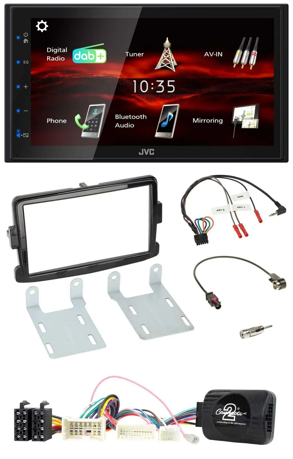 Автомагнитола JVC 2 DIN, DAB, USB, Bluetooth, поддержка управления на руле, для Dacia Sandero (с 2013), цвет: черный глянец