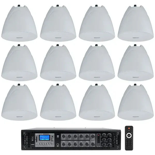 Rockville RCS350-6 Commercial Amp+12 White 5.25" Pendant Speakers For Restaurant