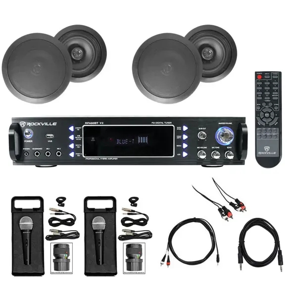 Karaoke Bluetooth Amp/Mixer+(4) 8" Black Ceiling Speakers+(2) Microphones