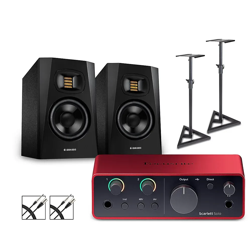 Комплект для подкастов Focusrite Scarlett Solo Gen 4 + Adam Audio T5V (пара) (набор) со стойками PL6000P и кабелями Livewire