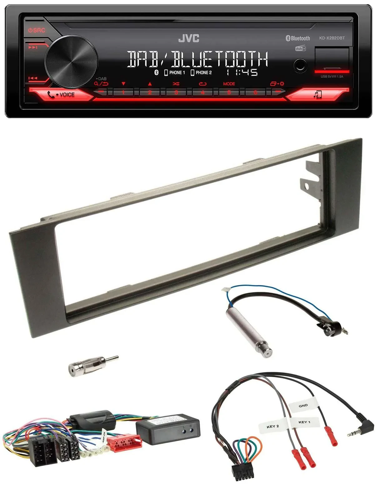 Автомагнитола JVC Bluetooth USB DAB для Audi A3 (2003–2006) с адаптером управления на руле