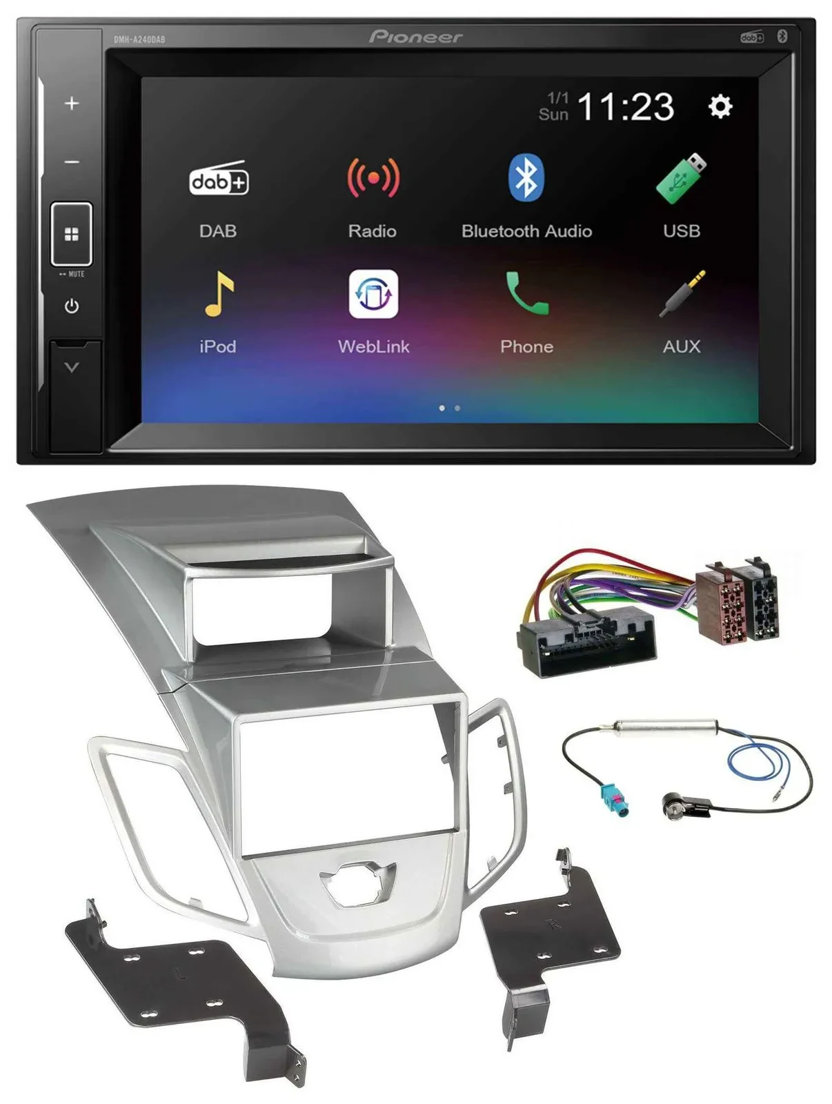 Автомагнитола для Ford Fiesta 2010–2017 Pioneer 2DIN DAB, MP3, Bluetooth, USB, серебристый