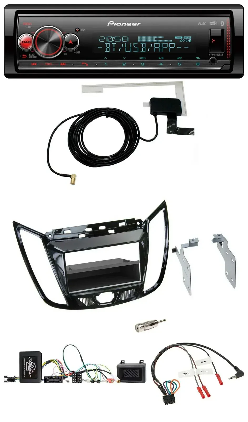 Автомагнитола для Ford C‑Max/Kuga Pioneer Bluetooth, DAB, USB, поддержка кнопок на руле, черный (piano black)