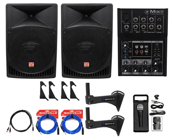 2 Rockville 15" Powered 1000w Crossfit Gym Workout Speaker System+Mixer+Bracket