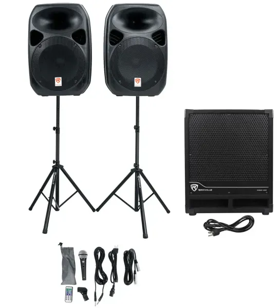 Rockville RPG122K Dual 12" Active Bluetooth Speakers+Mic+Stands+Subwoofer+Cables