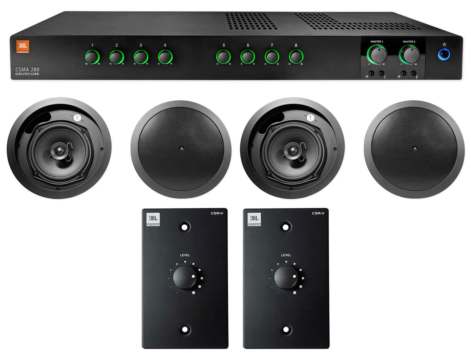 JBL CSMA280 Commercial Amplifier+4) 6.5" Black Ceiling Speakers+2) Wall Controls