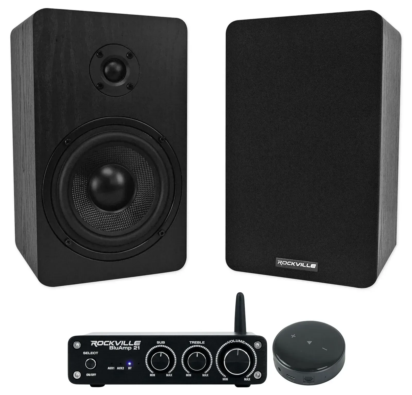 Аудиосистема Rockville BLUAMP 21 BLACK + RockShelf 54B + Wiim Mini Bluetooth, Smart Wi‑Fi (набор, пара), 5.25", чёрный
