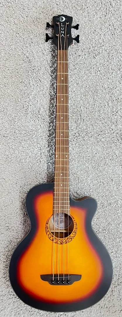 Luna Tribal 34" Scale-Length Acoustic-Electric Bass Guitar, Tobacco Sunburst
