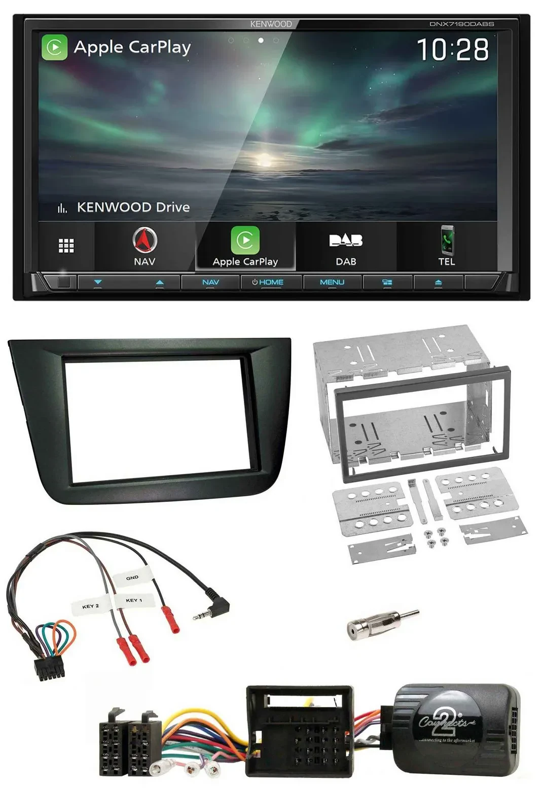 Kenwood Bluetooth USB 2DIN Lenkrad TMC DAB Navigation für Seat Altea Toledo schw