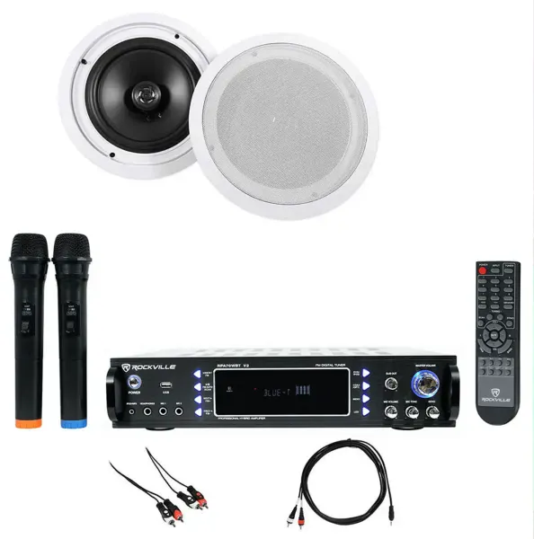 Rockville RPA70WBT Bluetooth Karaoke Amp/Mixer+(2) 8" Ceiling Speakers+Mics