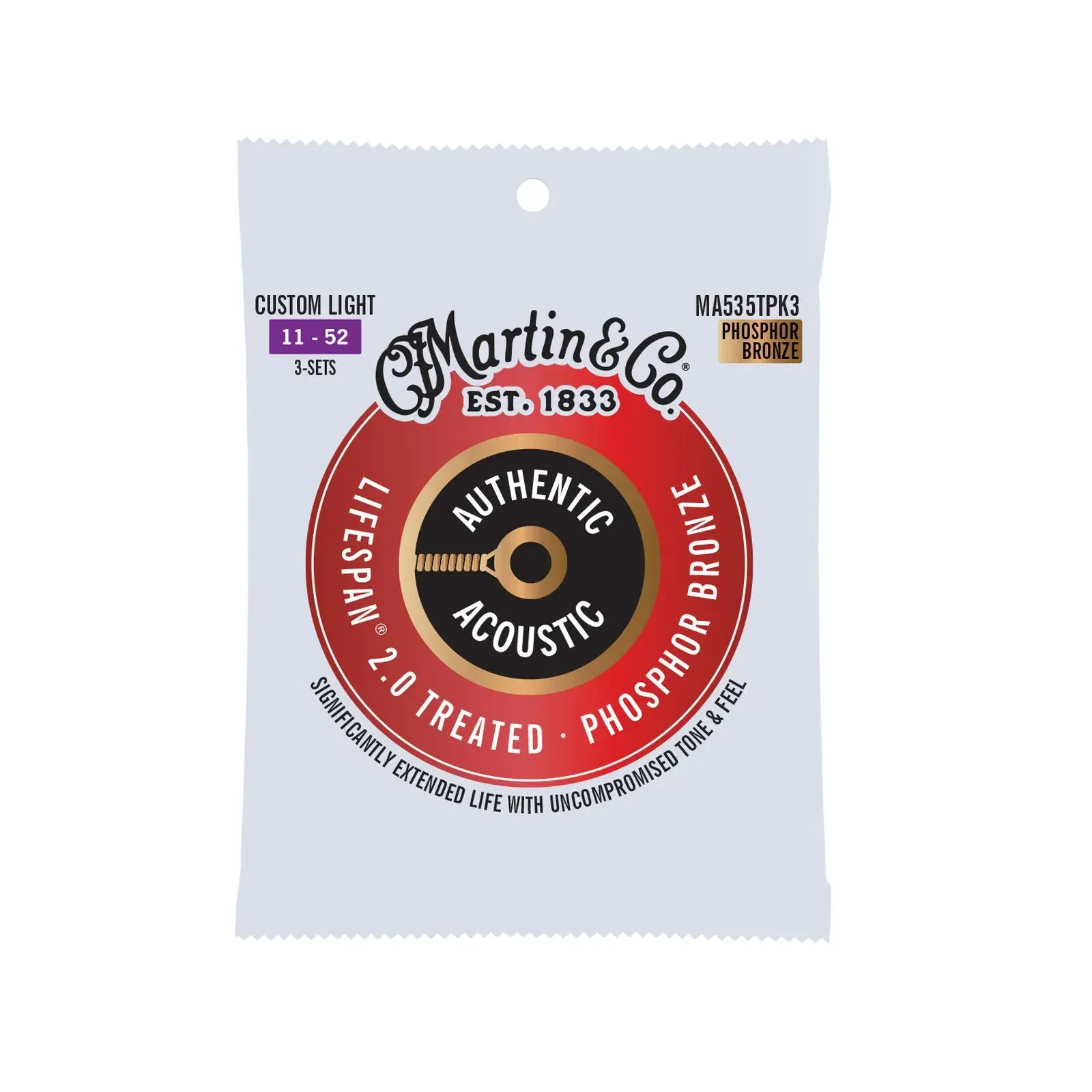 Струны для акустической гитары Martin Guitars MA535TPK3 Authentic Treated Custom Light Phosphor Bronze 11-52 (3 комплекта)